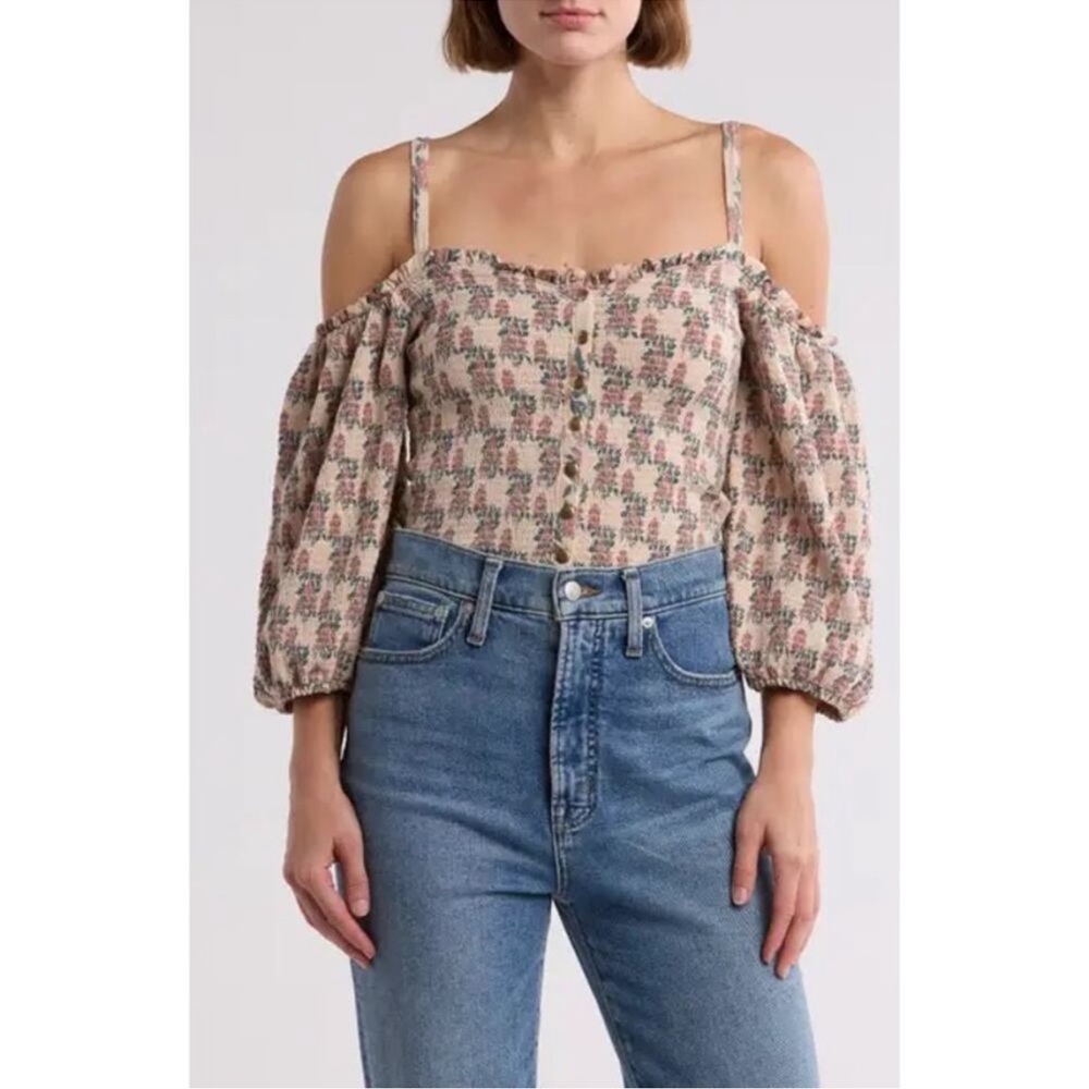 Nation LTD Women's Ily Smocked Floral Mauve Cold Shoulder Top‎ Size Small
